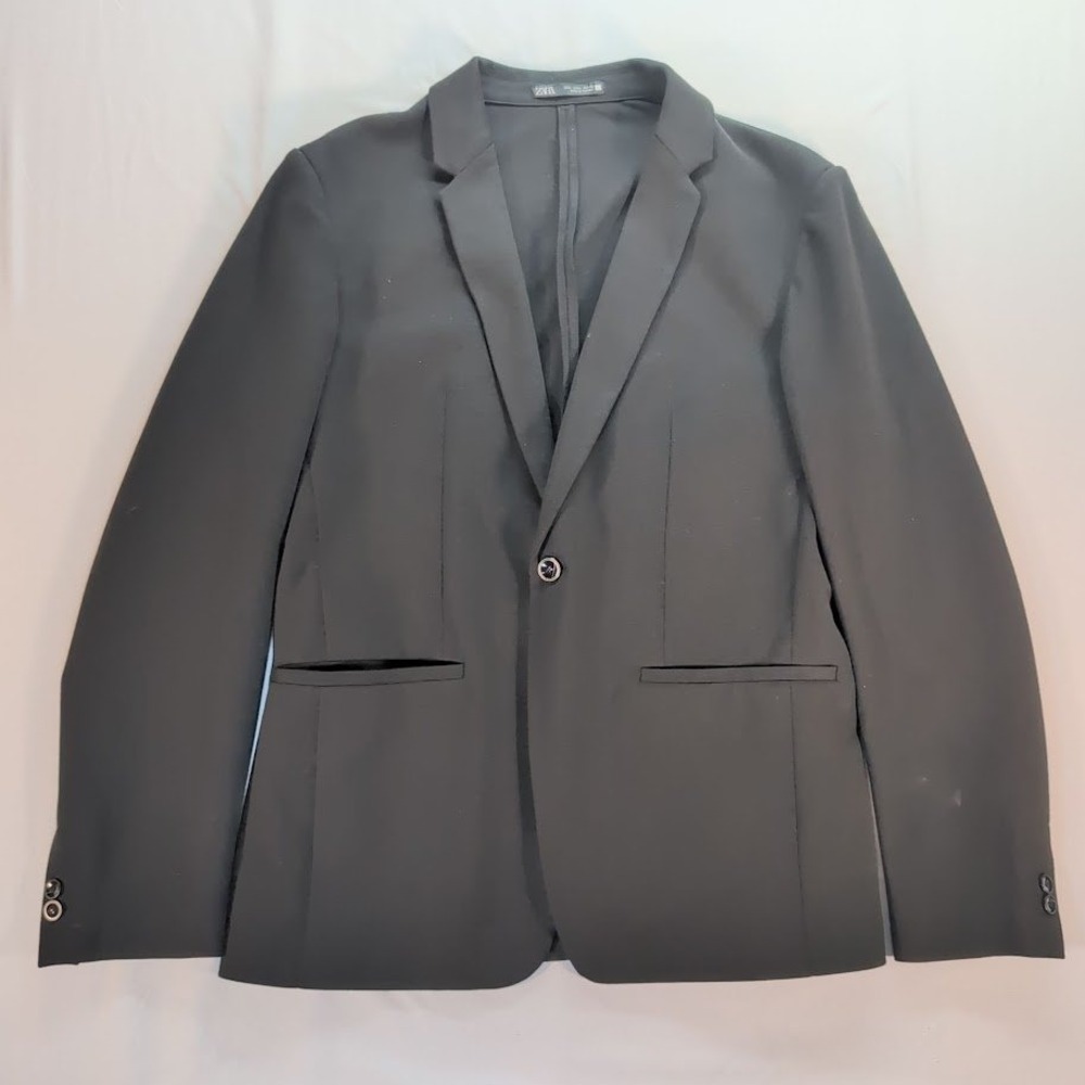 Zara Womens Black Comfort Jacket Blazer Size Large One Button Stretch